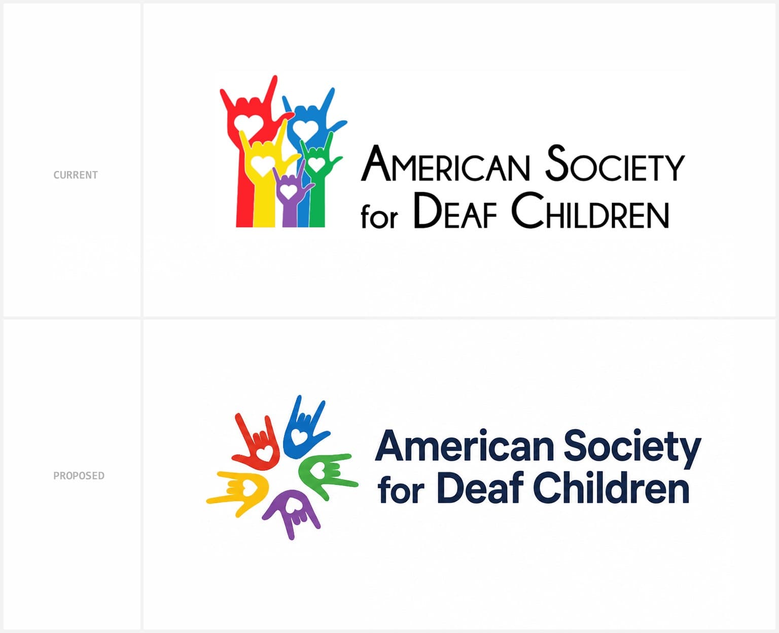 Comparison of current and proposed American Society for Deaf Children logos