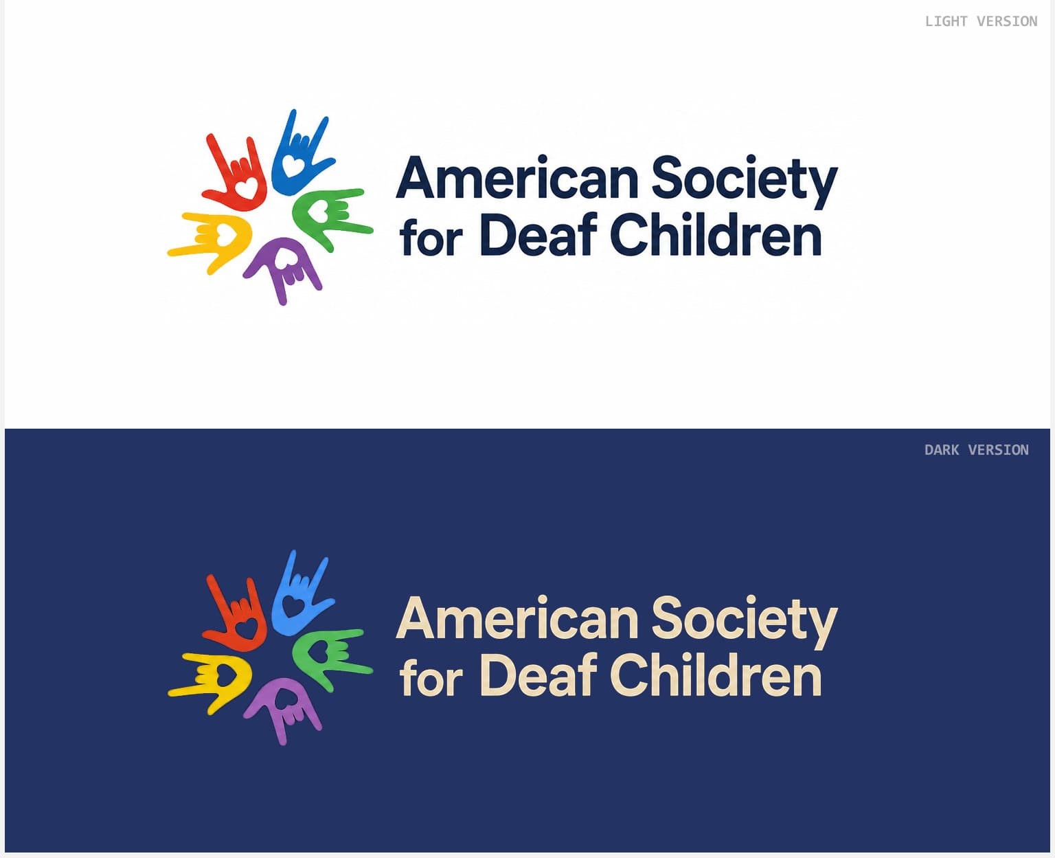 American Society for Deaf Children logo on light and dark backgrounds
