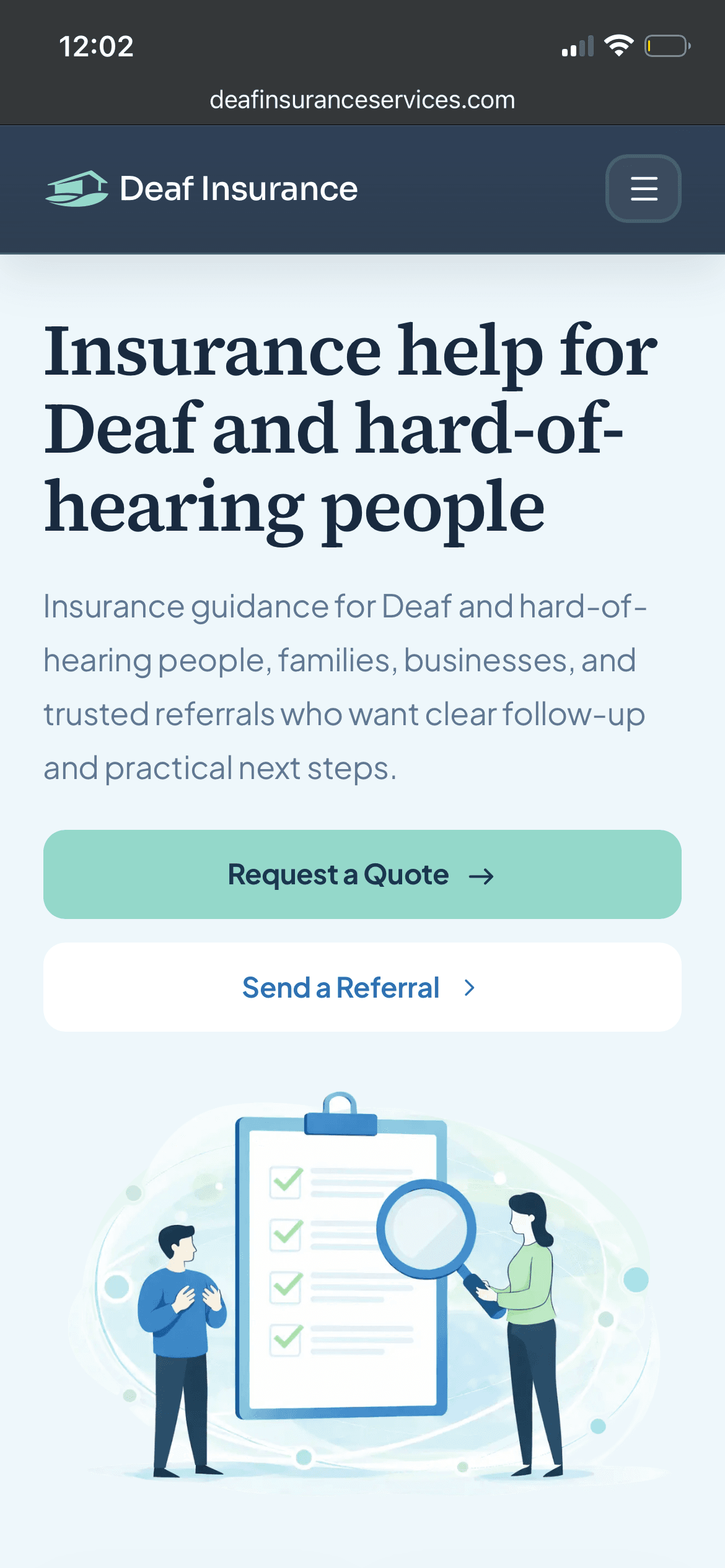 Deaf Insurance Services mobile homepage