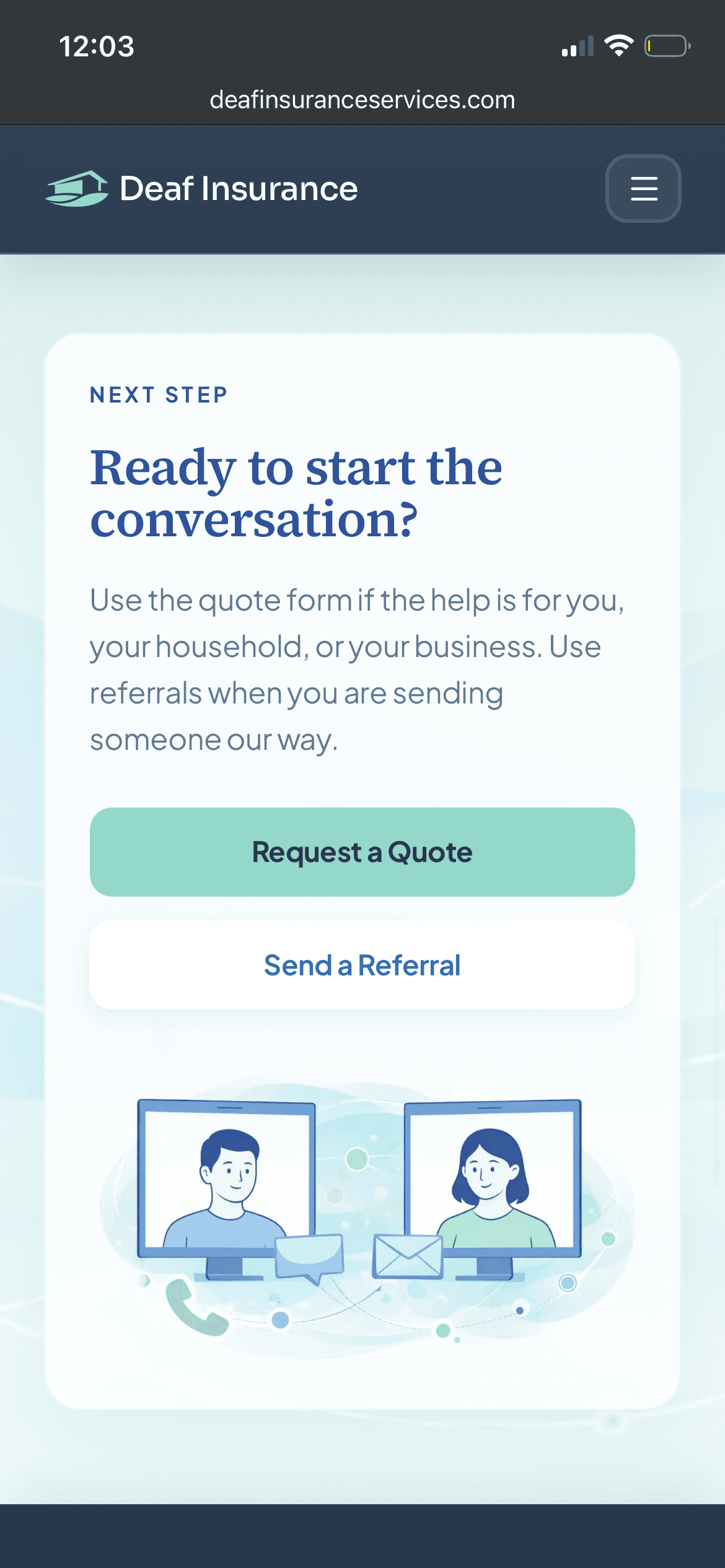 Deaf Insurance Services mobile about-page call to action