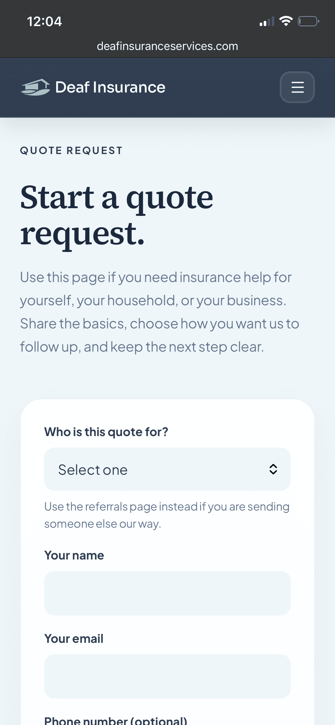 Deaf Insurance Services mobile quote request form