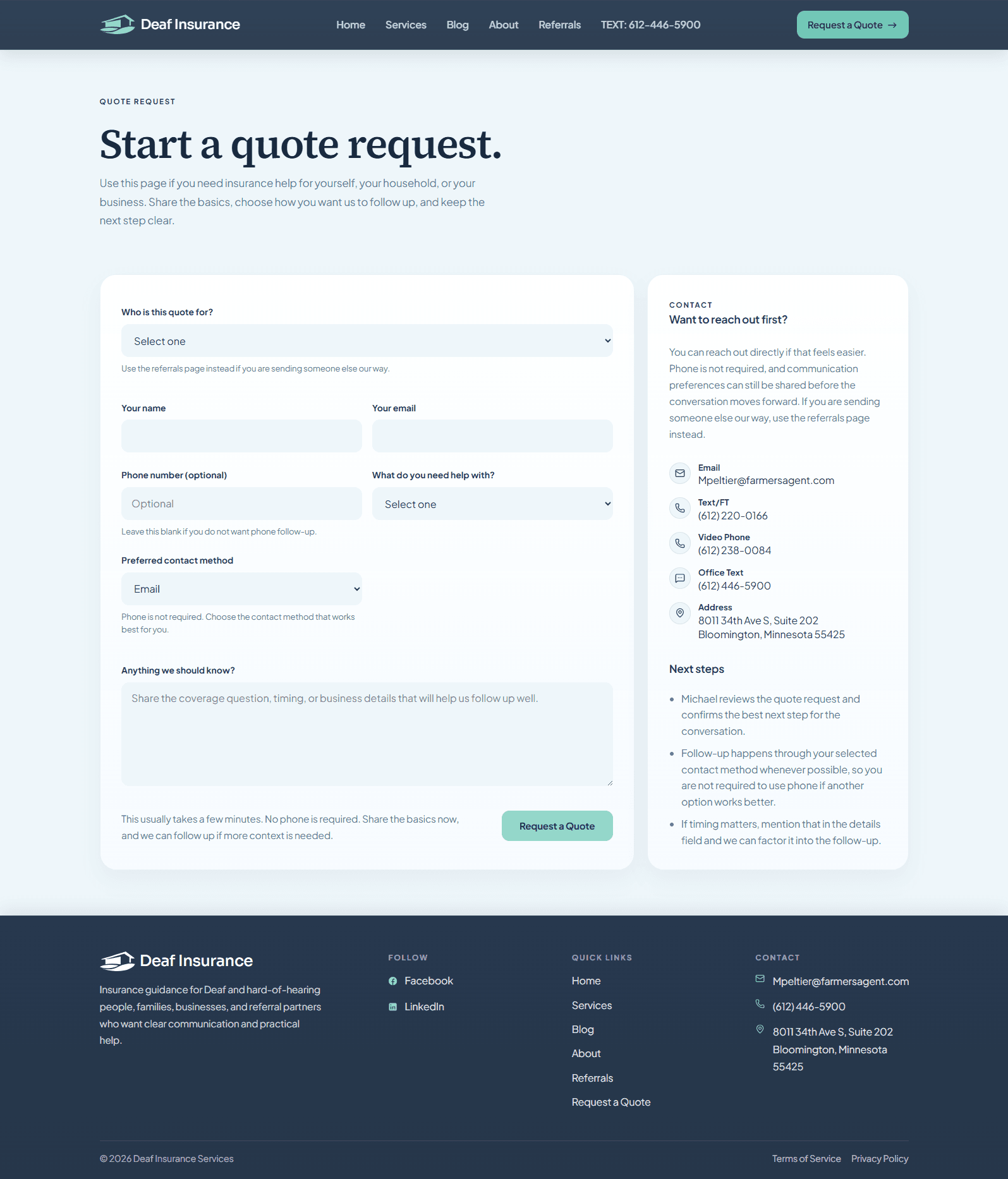 Deaf Insurance Services desktop quote request form