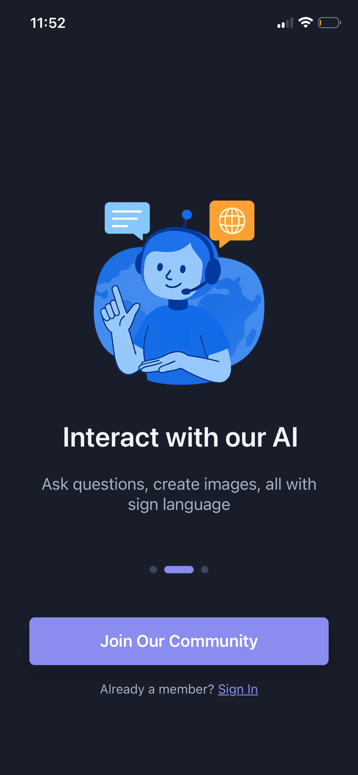 GoSign.AI onboarding screen introducing AI interaction in sign language
