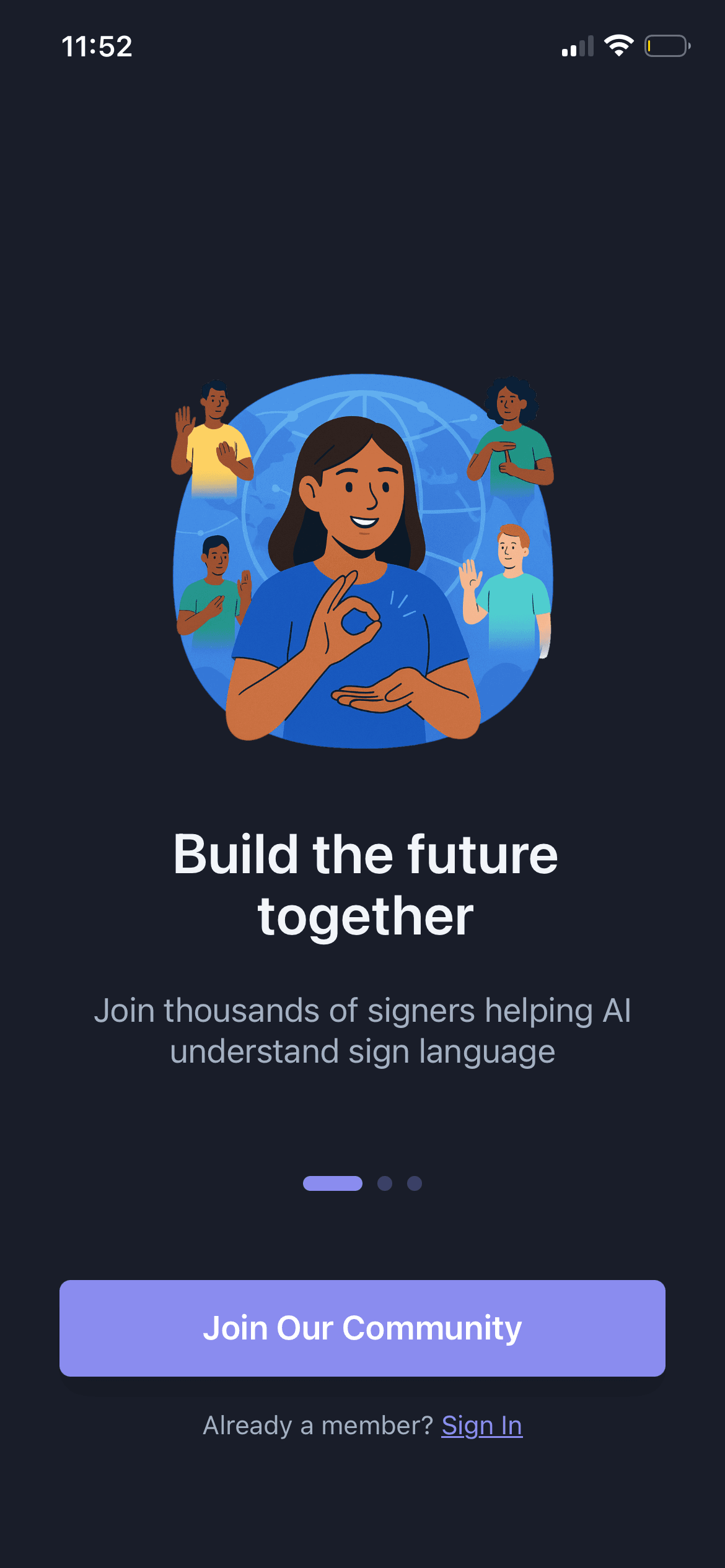GoSign.AI onboarding screen inviting signers to build the community