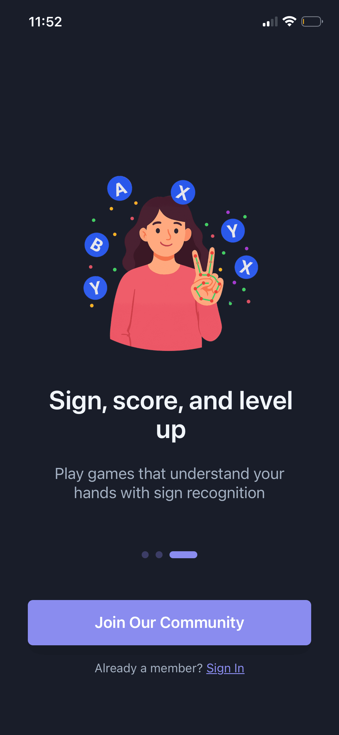 GoSign.AI onboarding screen introducing hand-recognition games