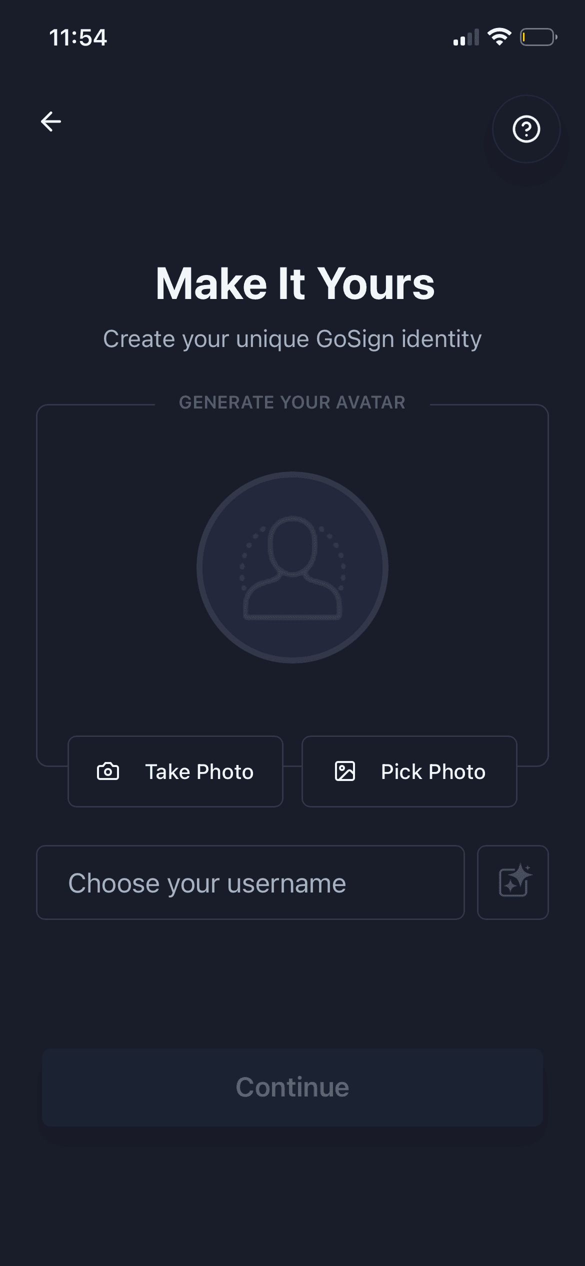 GoSign.AI profile setup screen for creating an avatar and username