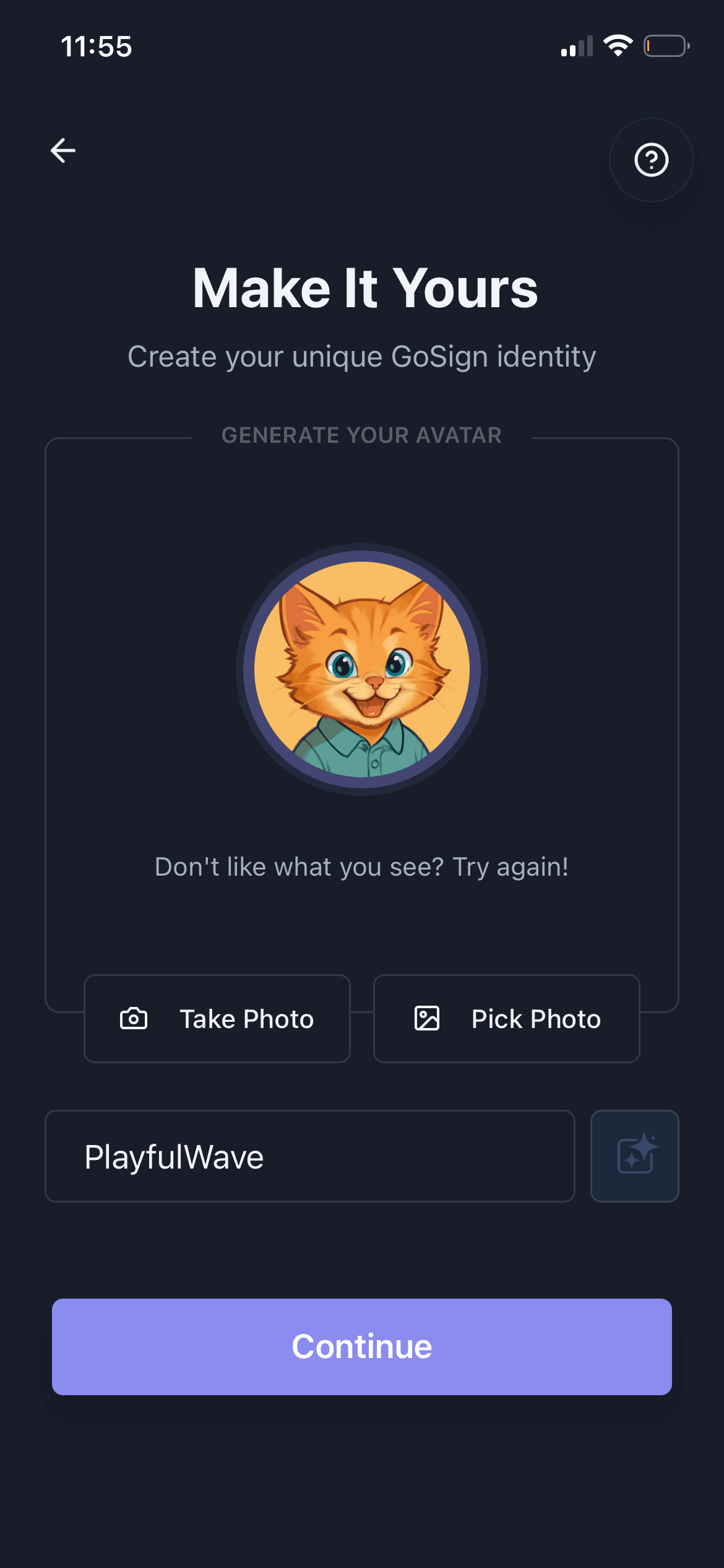 GoSign.AI profile setup with a generated cat avatar