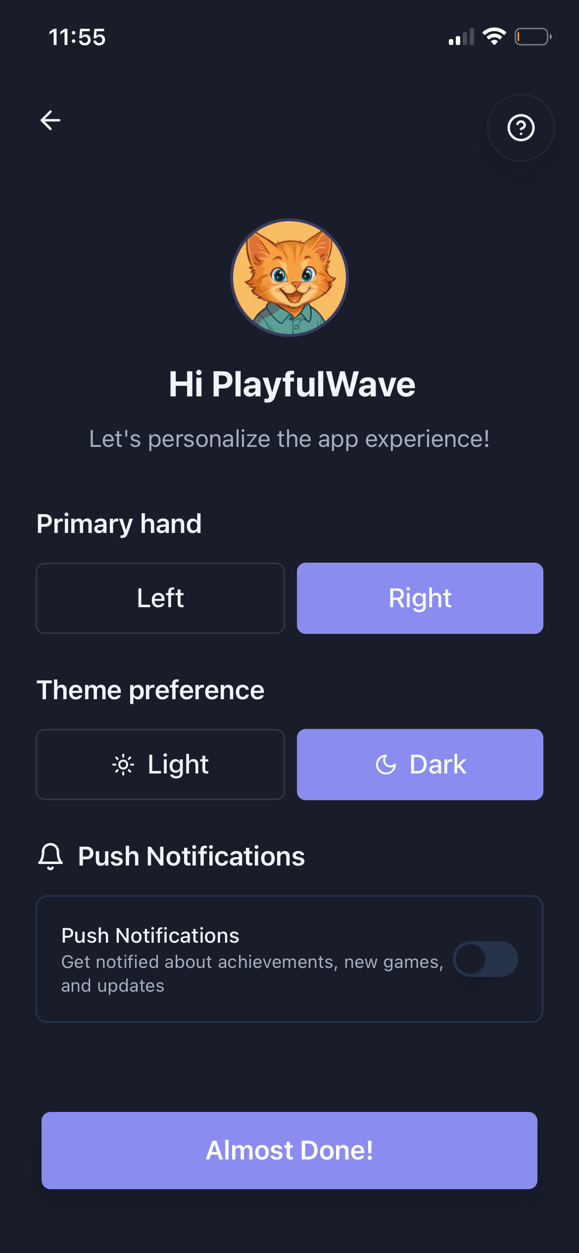 GoSign.AI preferences for primary hand, theme, and notifications