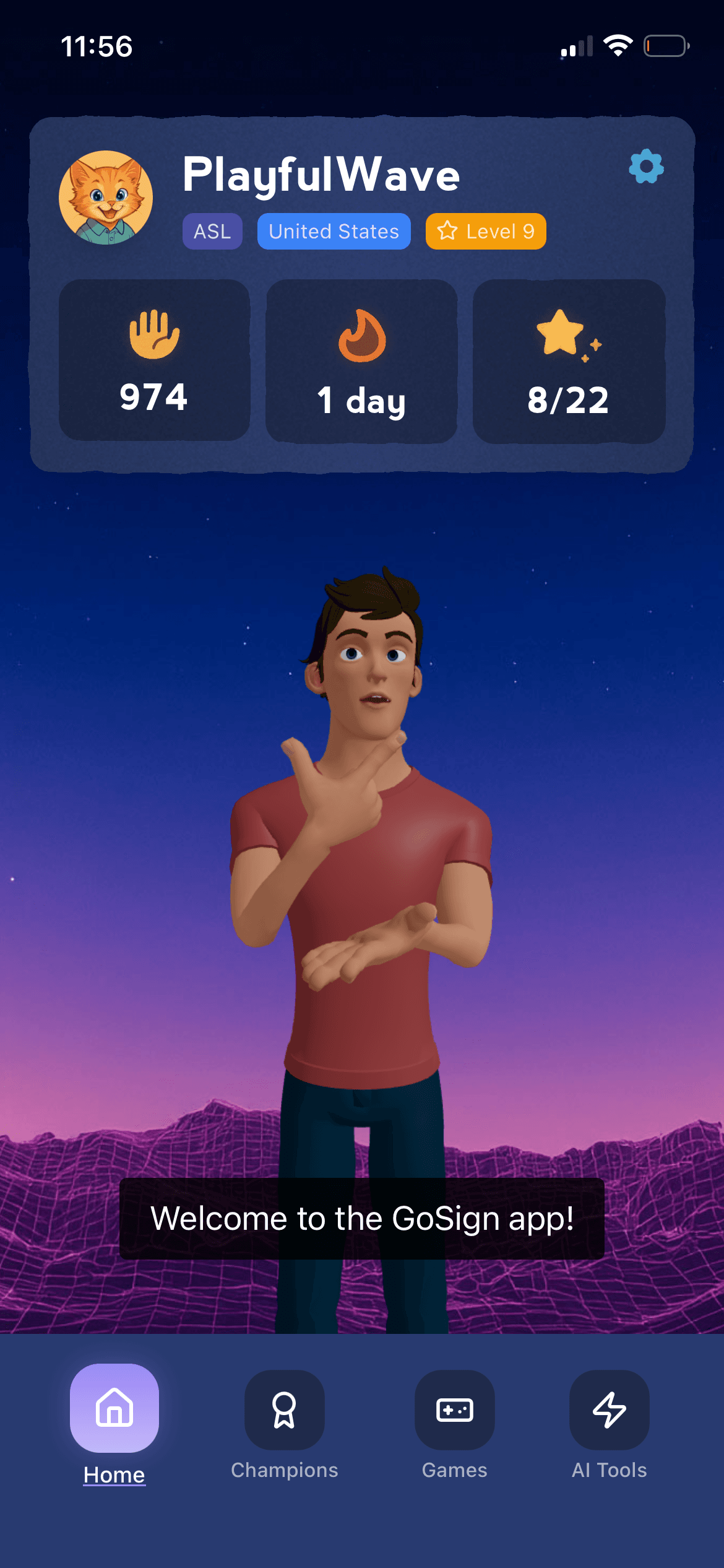 GoSign.AI home screen with profile progress and an animated signer
