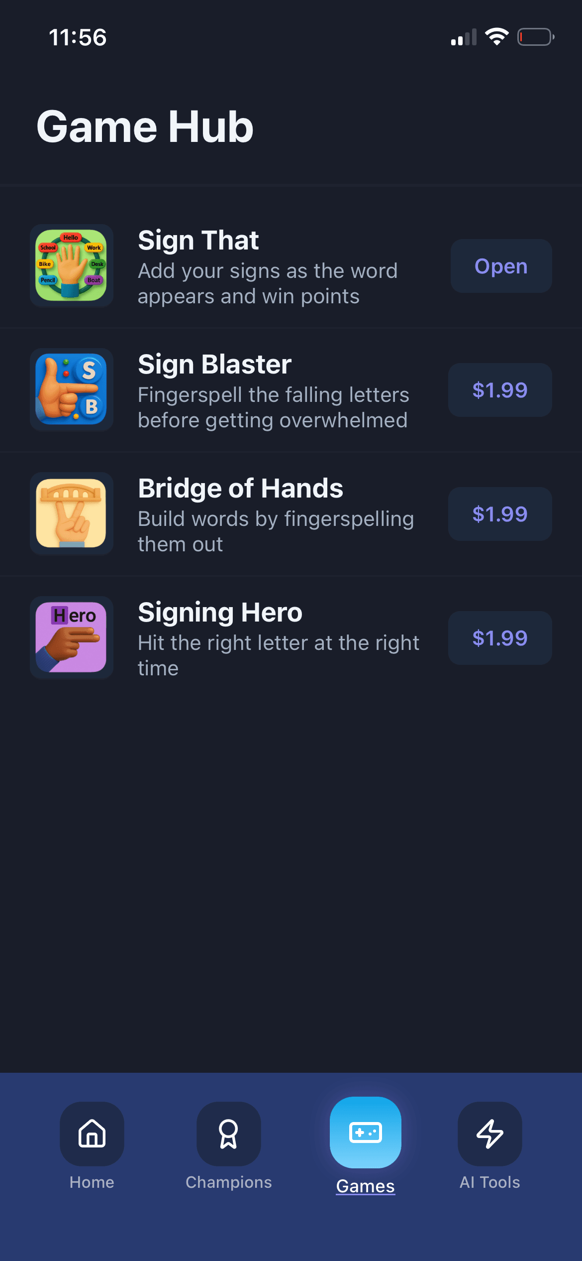 GoSign.AI game hub with four sign-language games
