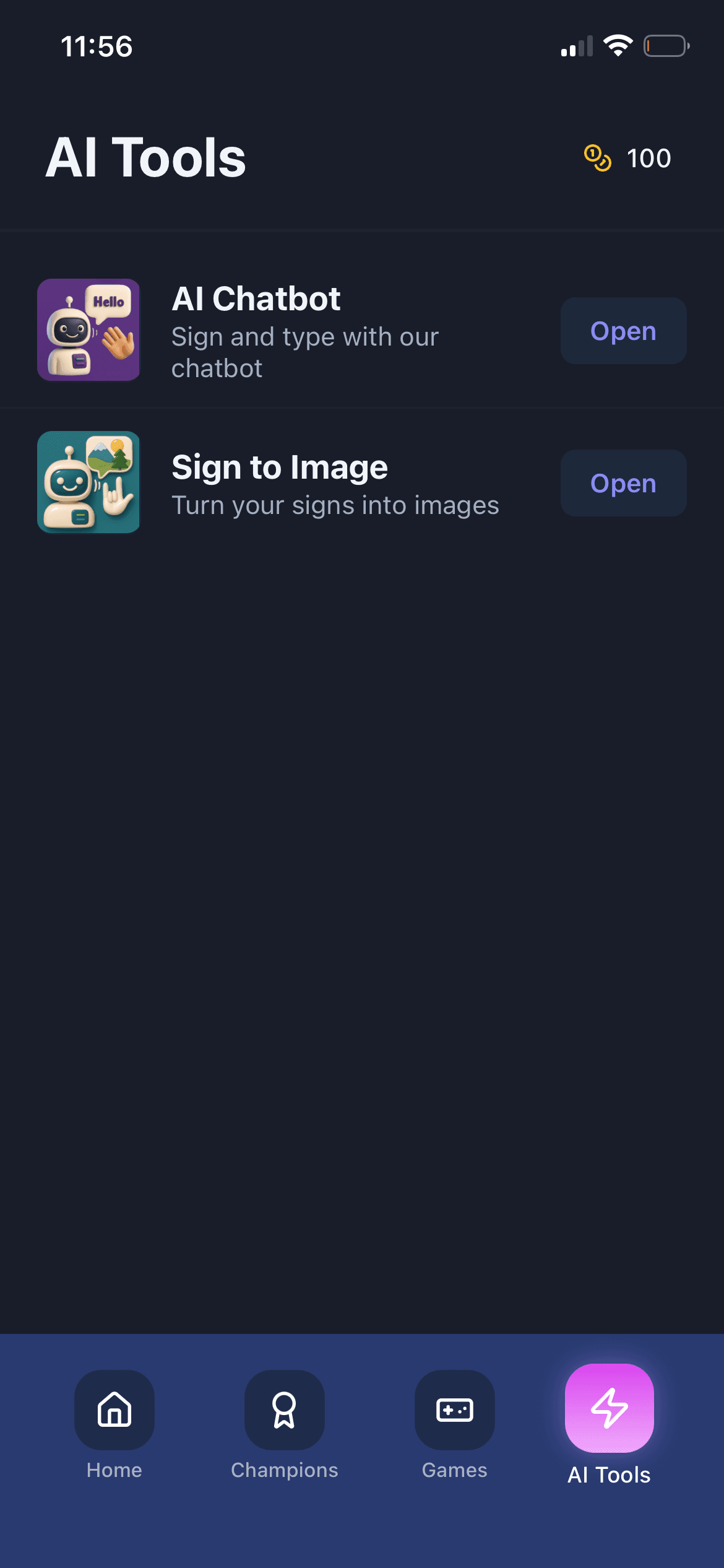 GoSign.AI tools screen with chatbot and sign-to-image features