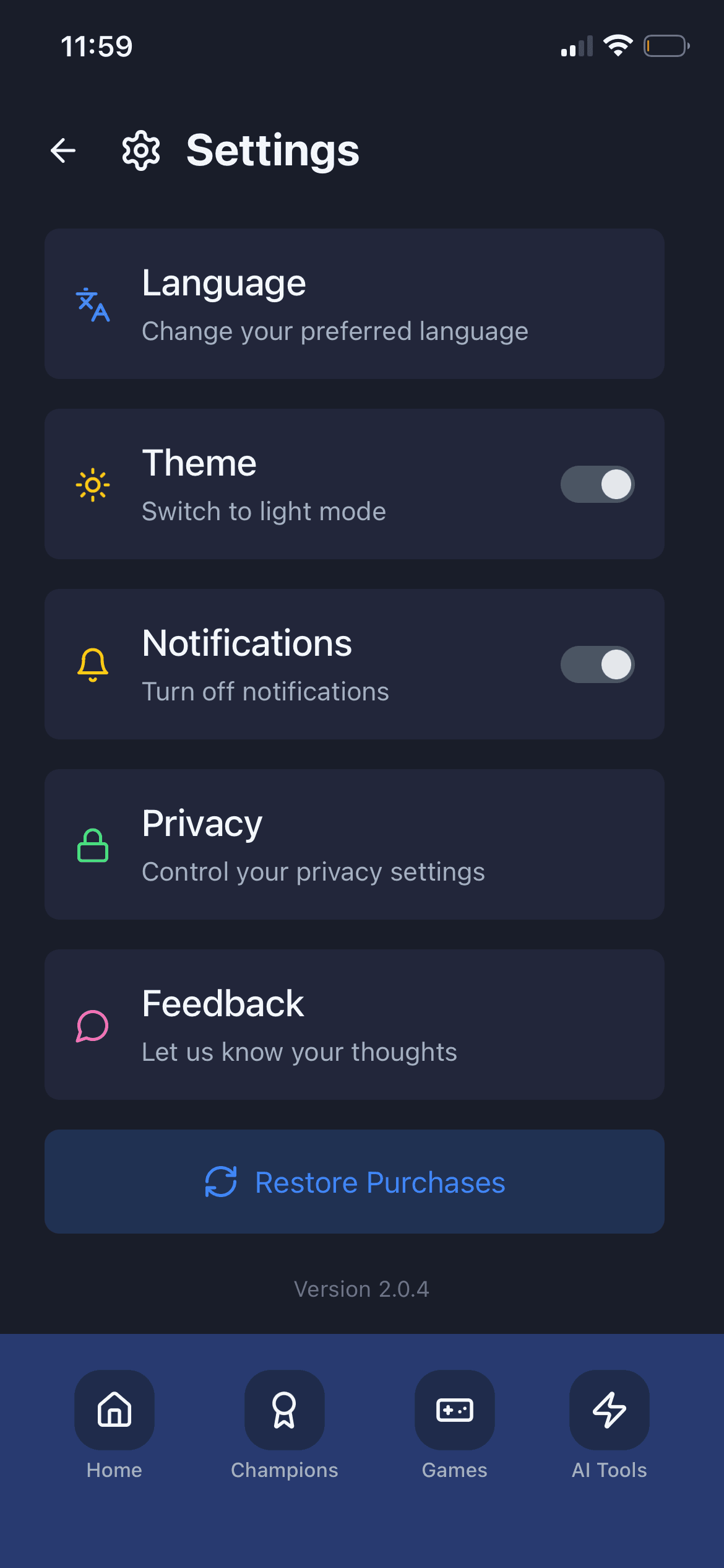 GoSign.AI settings for language, theme, notifications, and privacy