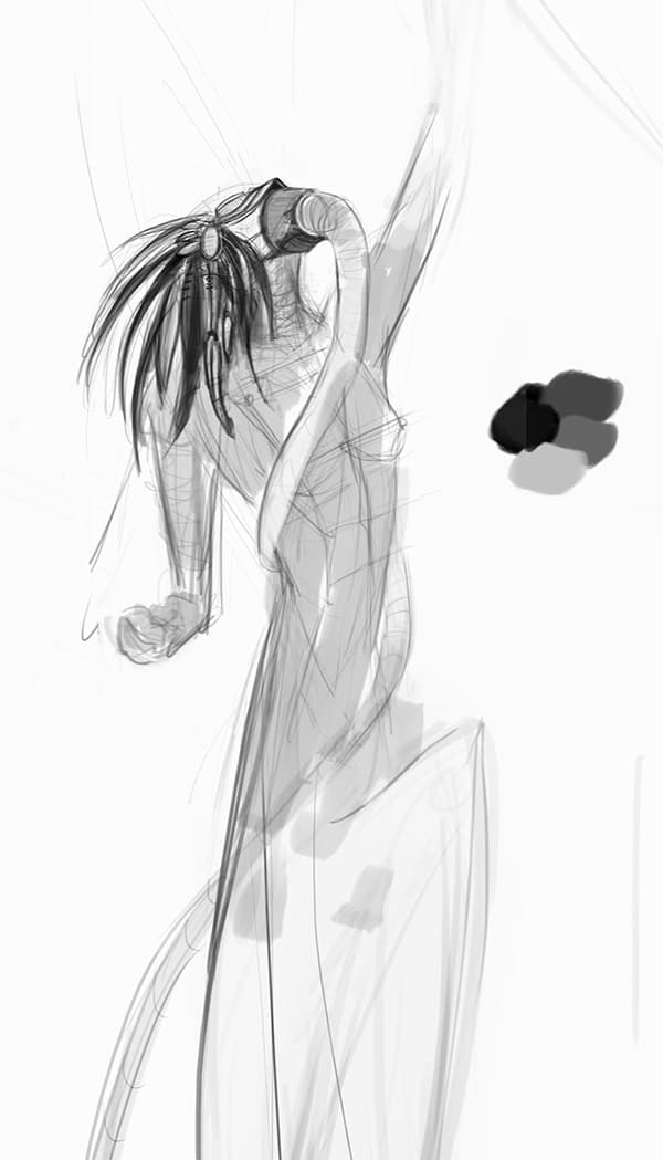 Loose character anatomy and costume sketch