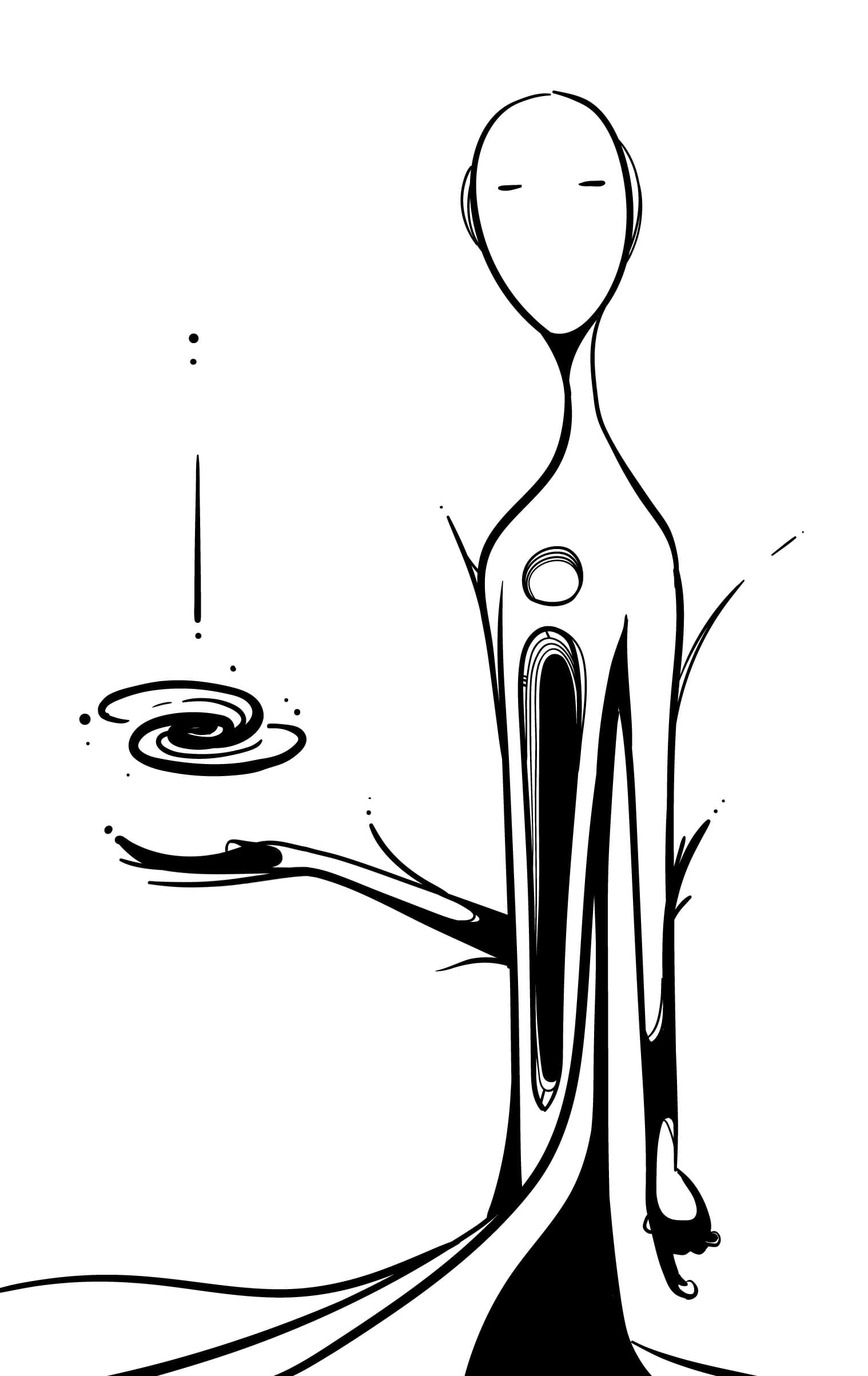 Black-and-white conceptual illustration of a cosmic figure