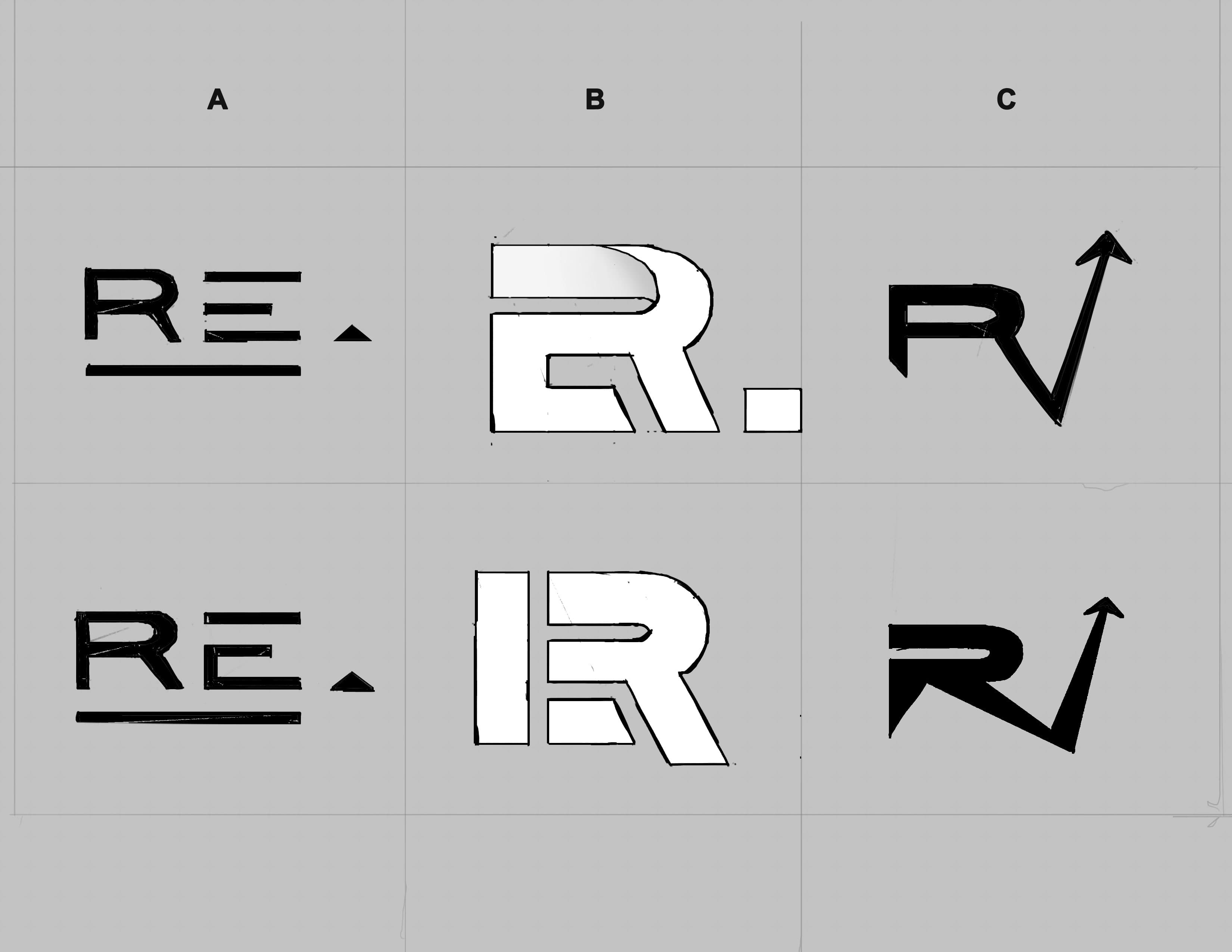 Relevate letterform and monogram sketches