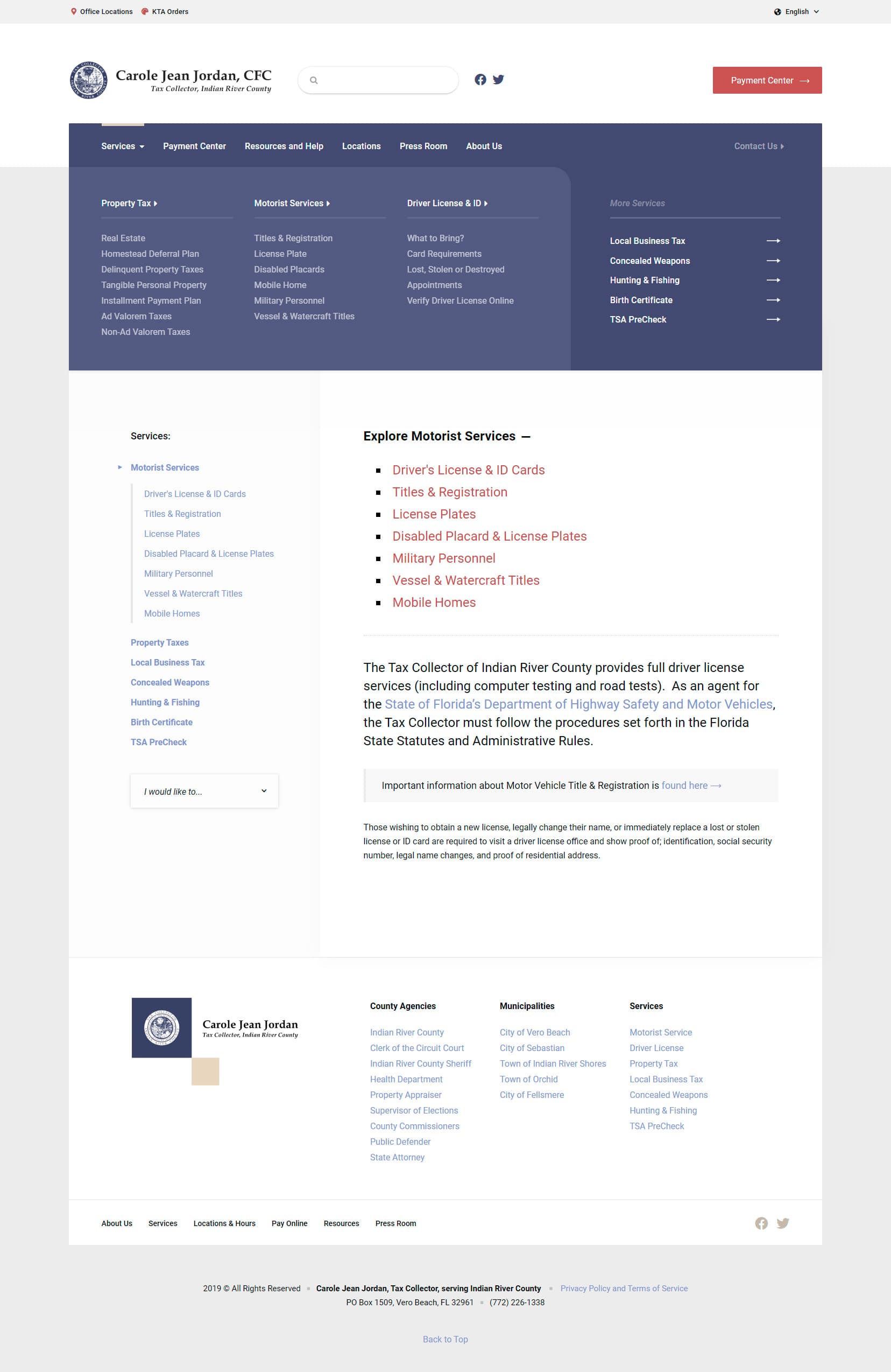 Tax Collector desktop motorist services website concept